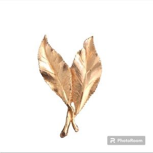 Vintage Double Leaf Embossed Gold Tone Brooch Pin Nature Jewelry Coquette Gift